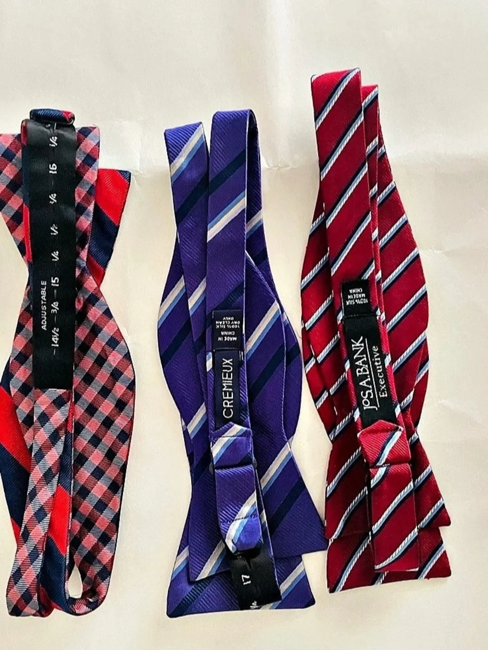 Lot of 3 Men's Silk Striped Adjustable Bow Ties- Jos A Bank-Cremieux & Unbranded